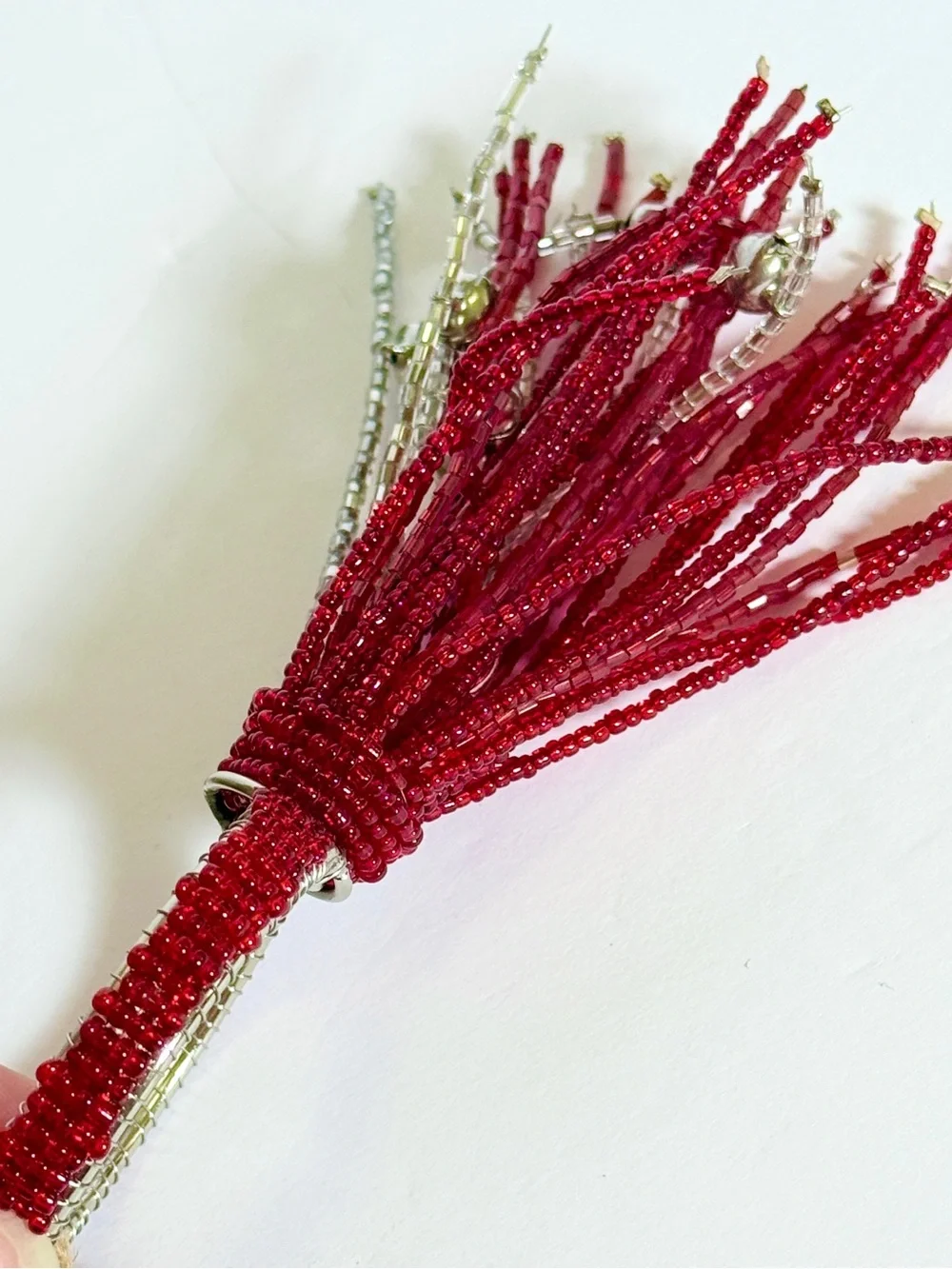 NWT Pottery Barn Red & Silver Beaded Jingle Bell Tassel Napkin Rings Set of 4